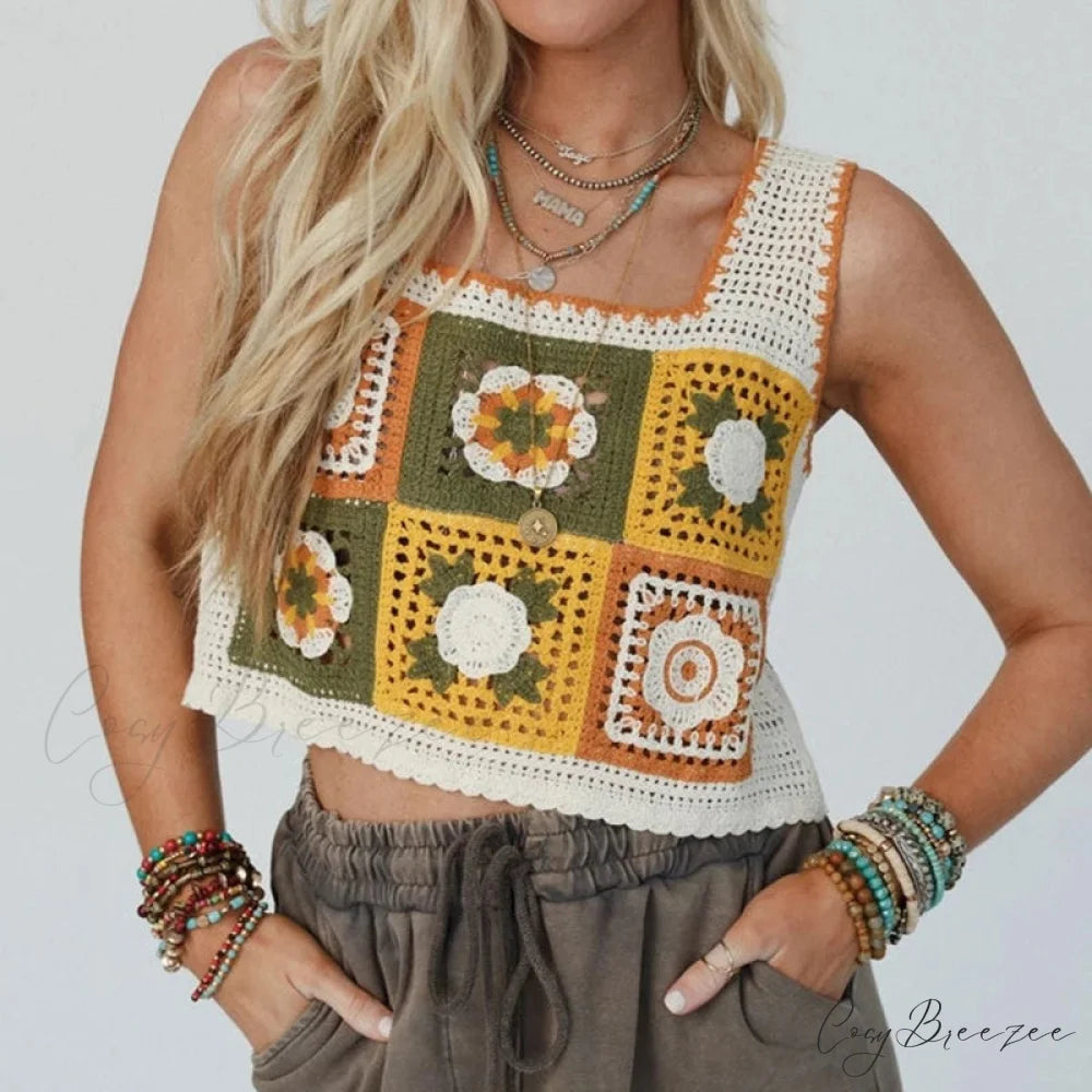 Granny Square Crochet Floral Embroidery Cami Top Yellow / One Size croptop-250126