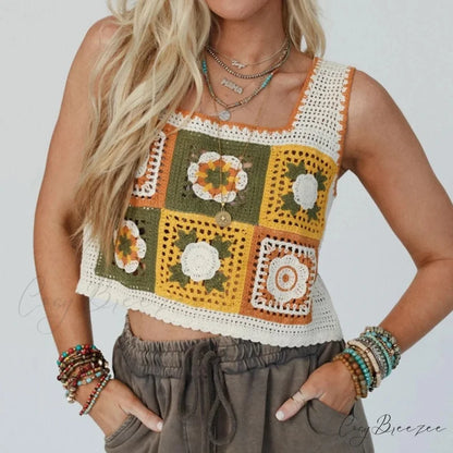 Granny Square Crochet Floral Embroidery Cami Top Yellow / One Size croptop-250126