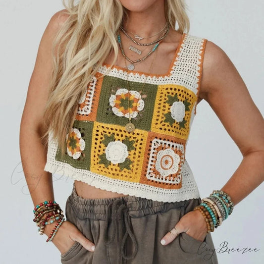 Granny Square Crochet Floral Embroidery Cami Top Yellow / One Size croptop-250126