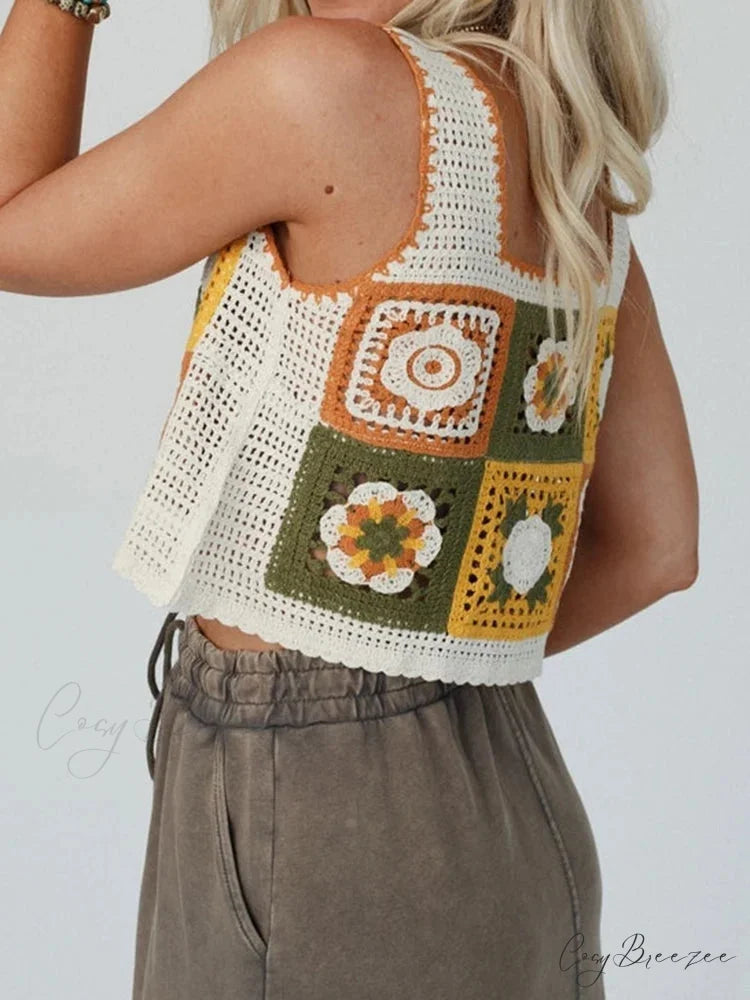 Granny Square Crochet Floral Embroidery Cami Top Yellow / One Size croptop-250126