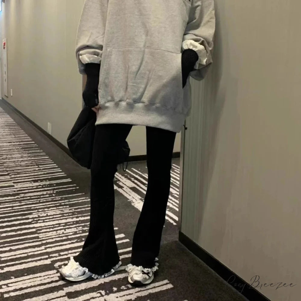 Gray Lace Flare Women Casual Knit Pants pants-241228
