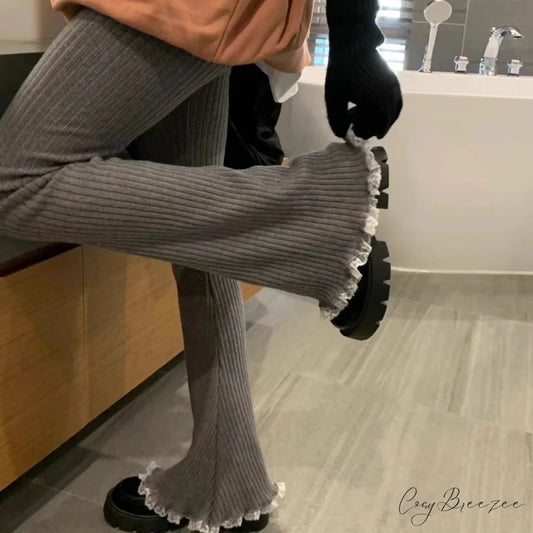 Gray Lace Flare Women Casual Knit Pants pants-241228