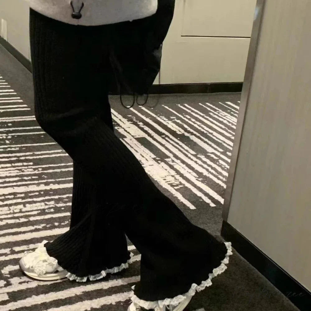 Gray Lace Flare Women Casual Knit Pants Black / S pants-241228