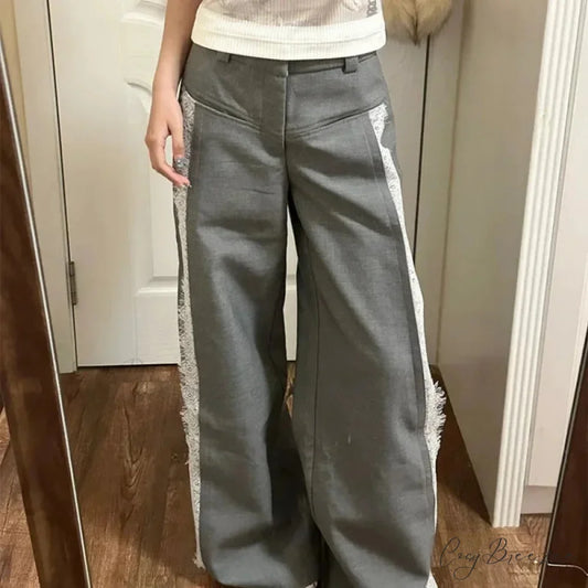 Gray Lace Y2K Women Suit Wide Leg Pants white / S pants-241228