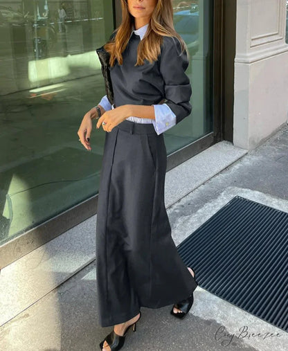 Gray Long Sleeve Crop Skirt Office Set officetwopieceset-250223