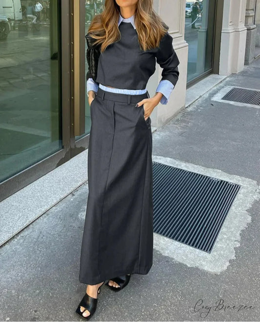 Gray Long Sleeve Crop Skirt Office Set GRAY / S officetwopieceset-250223