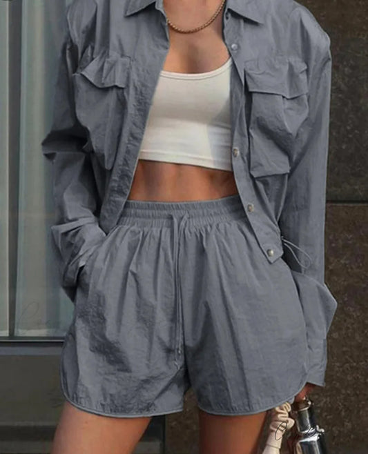Gray Nylon Crop Shirt Shorts Office Set GRAY / S officetwopieceset-250223