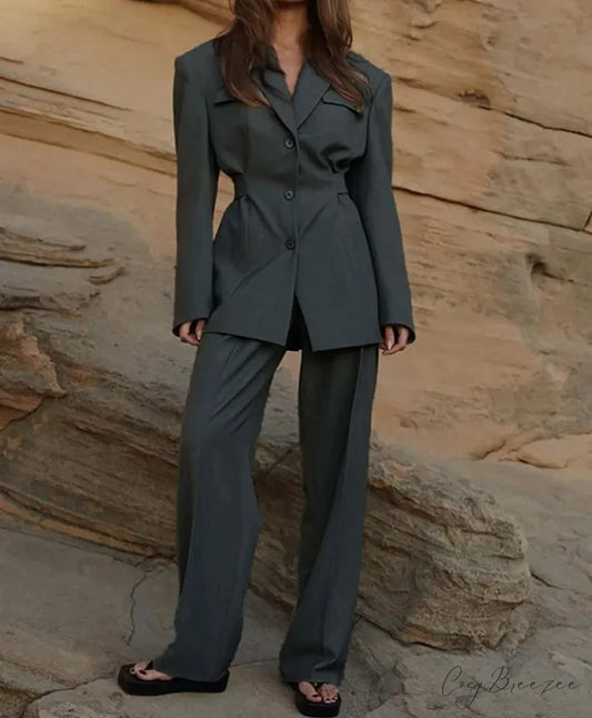 Gray Pockets Tunic Straight Trousers Office Set GRAY / S officetwopieceset-250223
