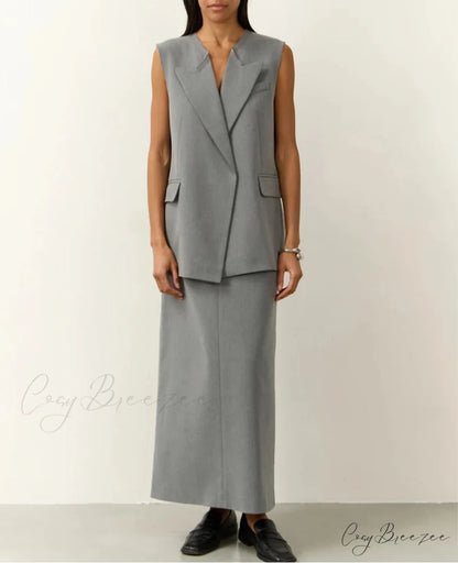Gray Relaxed Sleeveless Long Work Set GRAY / S officetwopieceset-250223