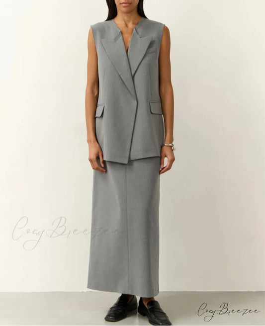 Gray Relaxed Sleeveless Long Work Set GRAY / S officetwopieceset-250223