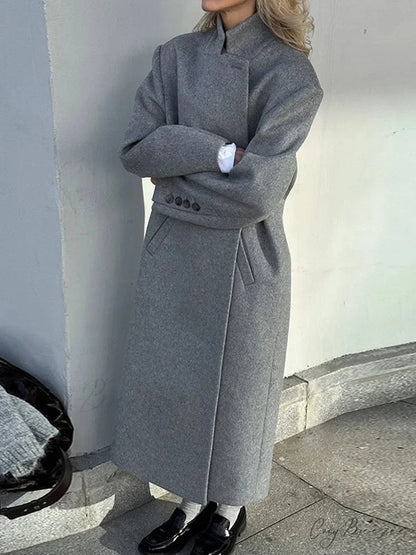Gray Relaxed Wool Notched Button-Up Coat overcoats-241228