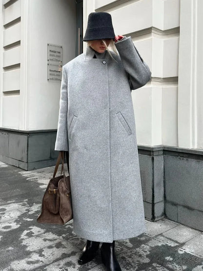 Gray Relaxed Wool Notched Button-Up Coat overcoats-241228