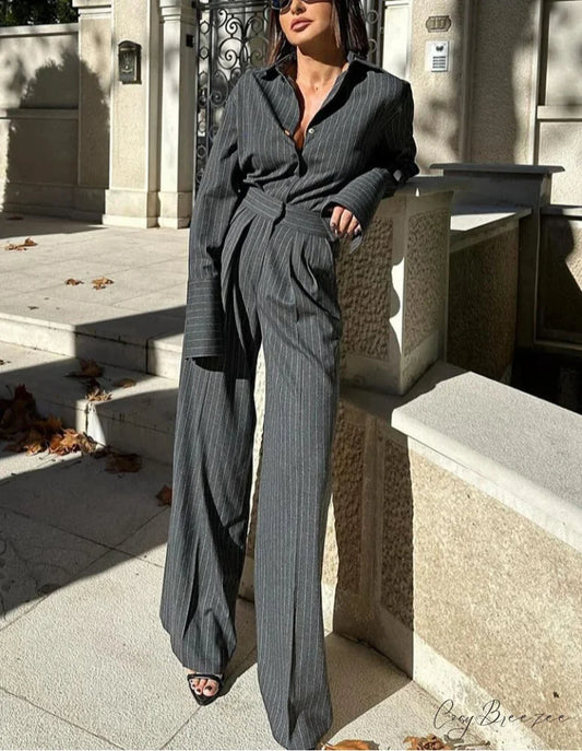 Gray Stripe Long Sleeve Wide Office Set GRAY / S officetwopieceset-250223