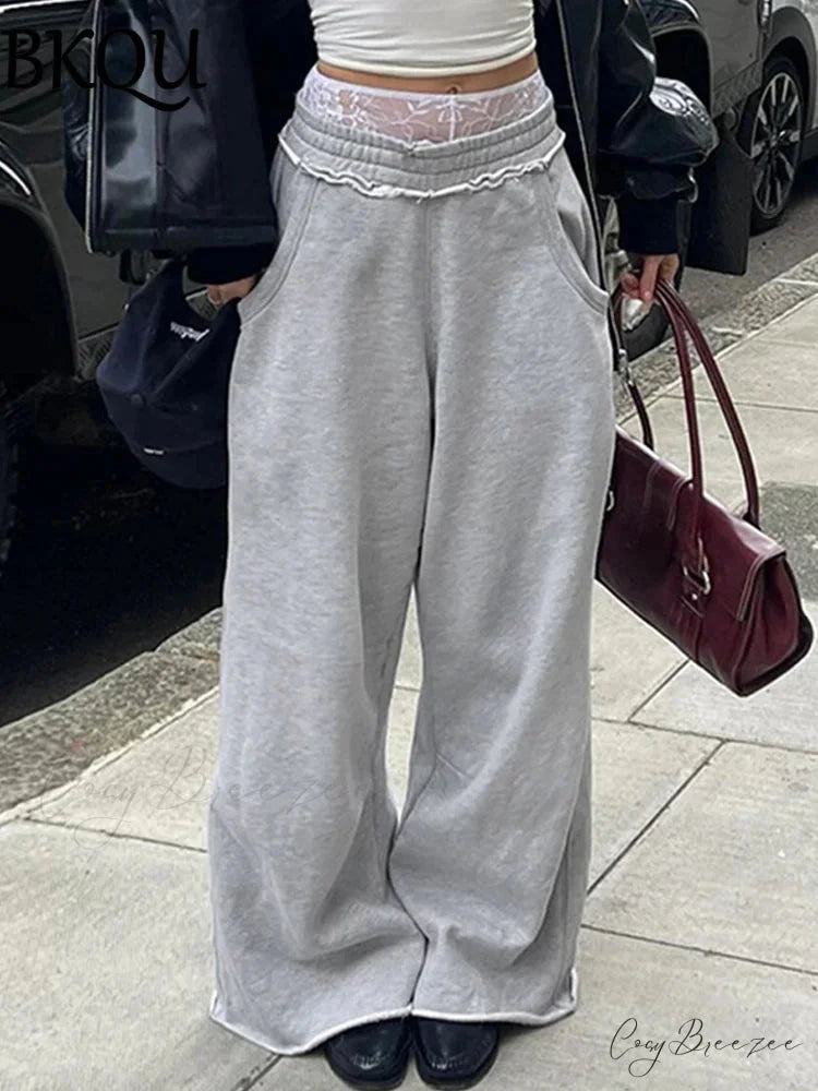 Gray Sweatpants Harajuku Wide Leg Joggers Waist Pocket Baggy Pants Gray / S