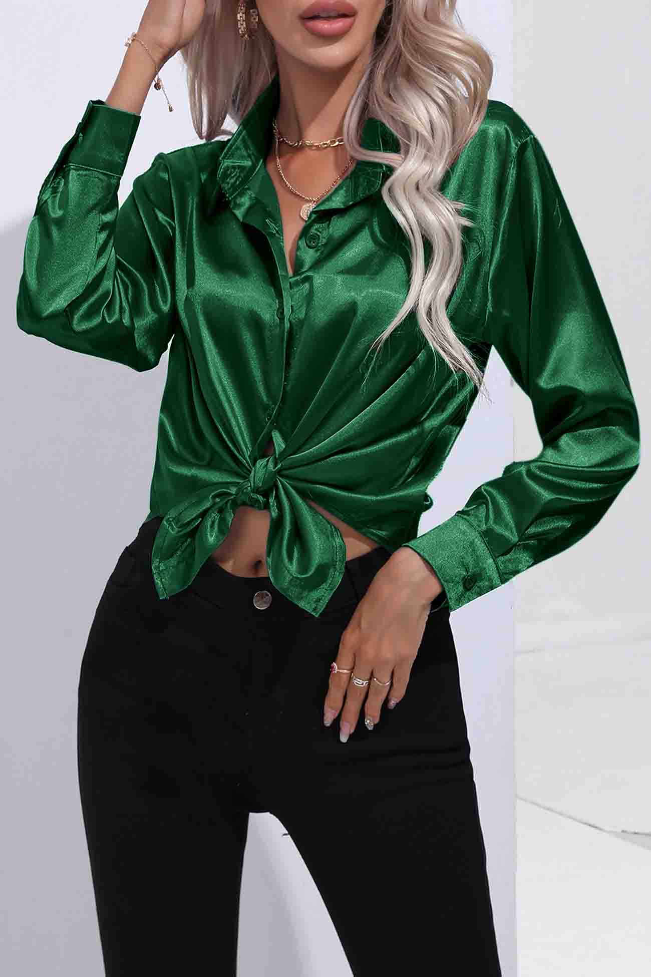 Satin Button Up Blouse with Lapel