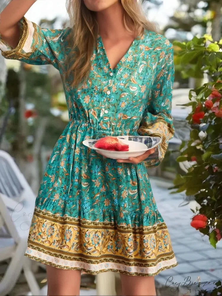 Green Floral Print Flare Sleeve Boho Dress Blue / S bohodress-250126