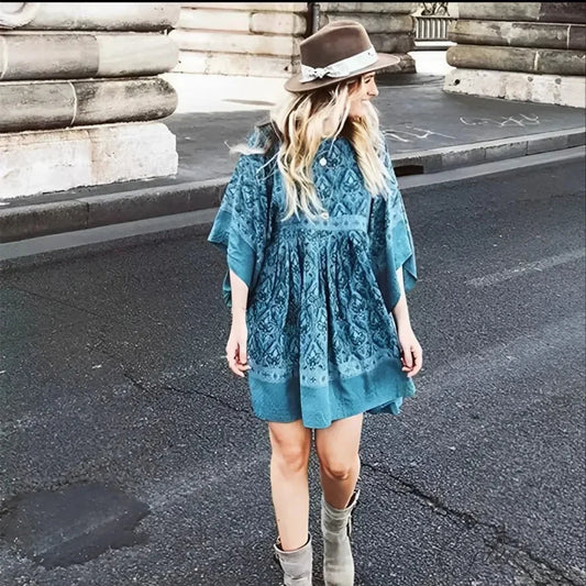Green Floral Print Loose O-neck Batwing Sleeve Mini Boho Dress Green / S bohodress-250126