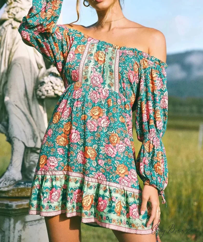 Green Floral Print Off Shoulder Long Sleeve Vacation Mini Dress Green / S bohodress-250126