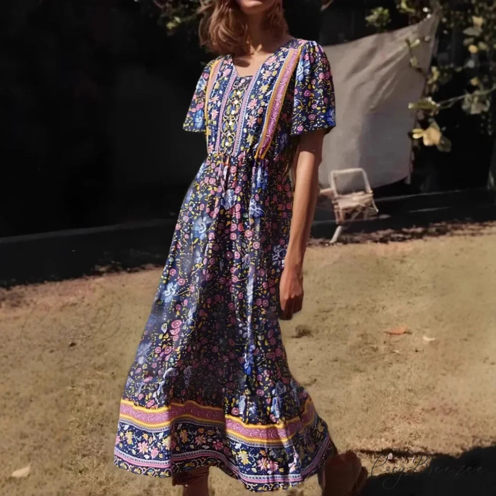 Green Floral Print Ruffles Sleeve Tassel V-neck Rayon Maxi Dress navy / S bohodress-250126