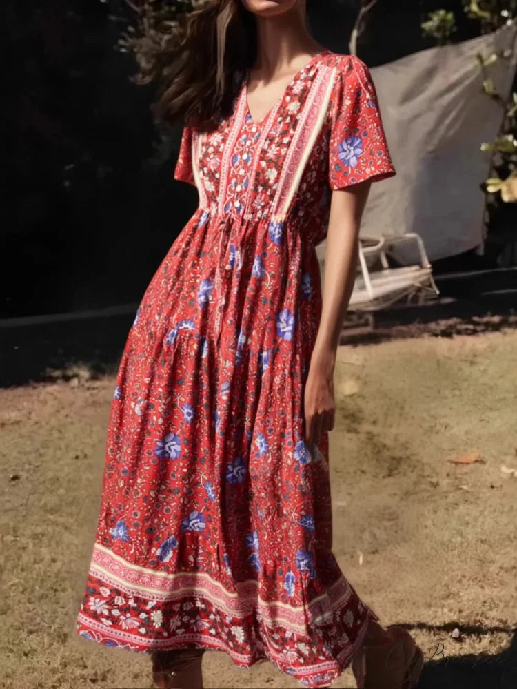 Green Floral Print Ruffles Sleeve Tassel V-neck Rayon Maxi Dress Red / S bohodress-250126