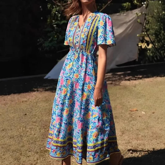 Green Floral Print Ruffles Sleeve Tassel V-neck Rayon Maxi Dress Green / S bohodress-250126