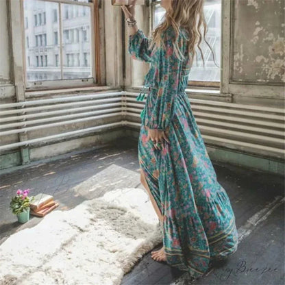 Green Floral Print Tassel Rayon Cotton Beach Maxi Dress bohodress-250126