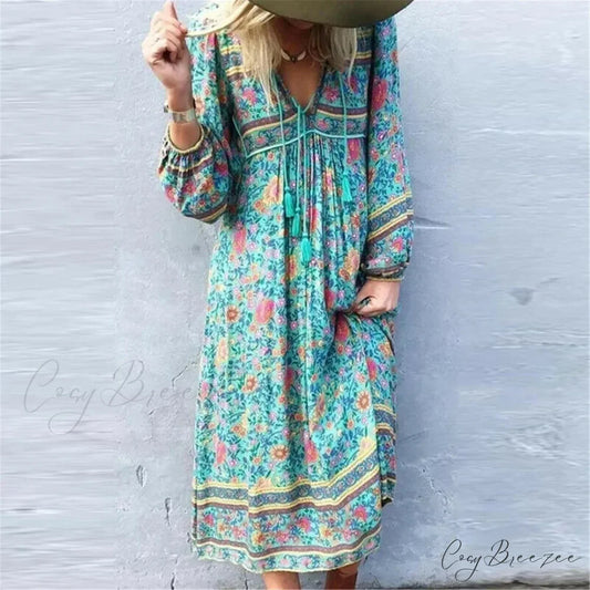Green Floral Print Tassel Rayon Cotton Beach Maxi Dress Green / S bohodress-250126
