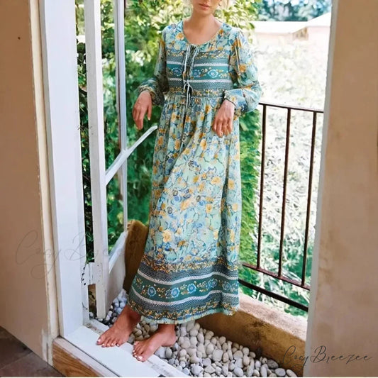 Green Floral Print Tie Neck Long Sleeve Rayon Summer Maxi Dress Green / S bohodress-250126