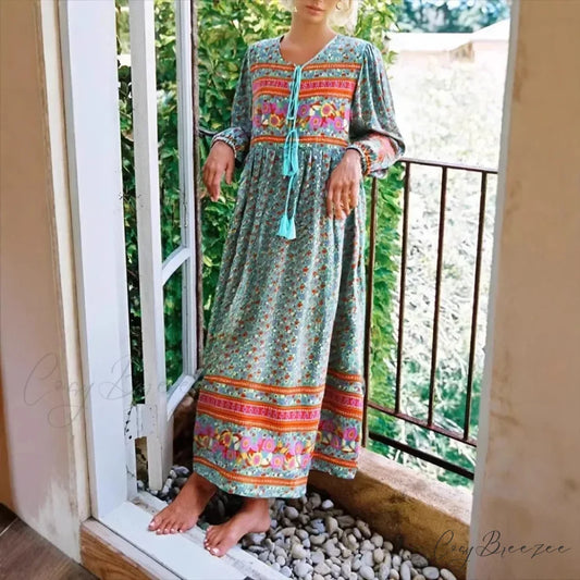 Green Floral Print Tie Neck Rayon Cotton Long Sleeve Maxi Dress Green / S bohodress-250126