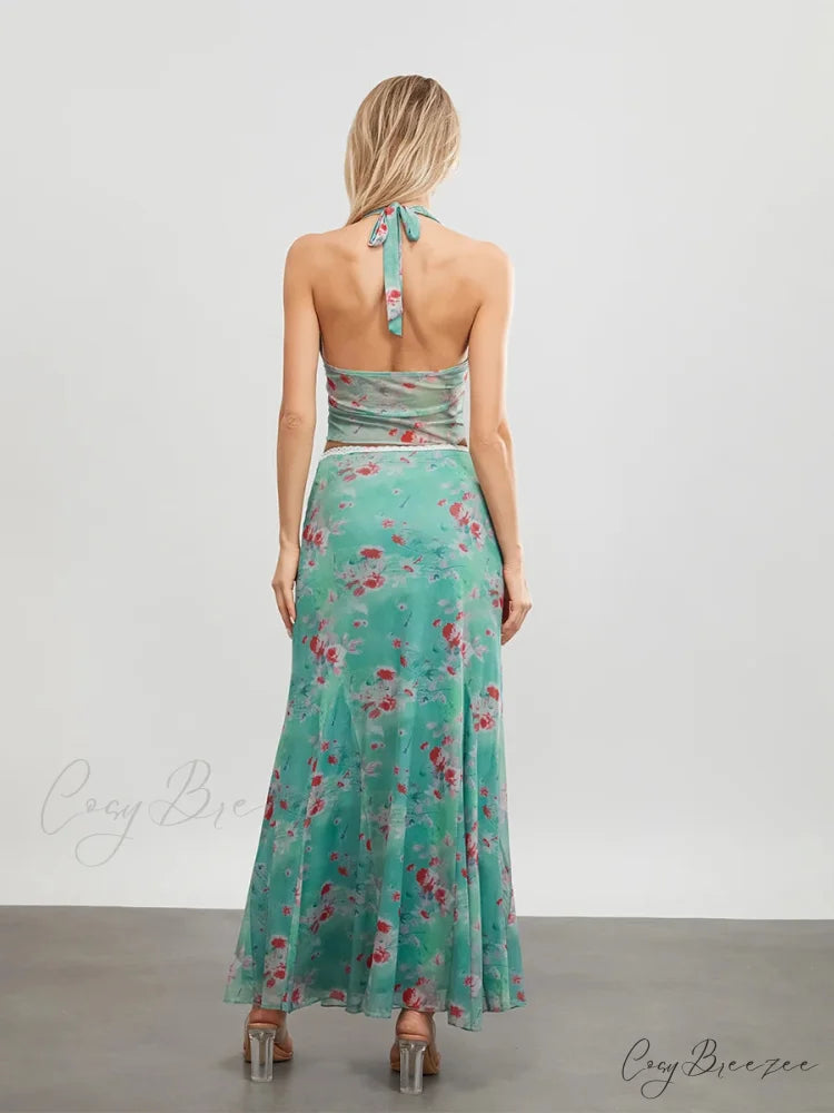 Green Floral Sleeveless Tie-up Halter Dress floraldress-250126