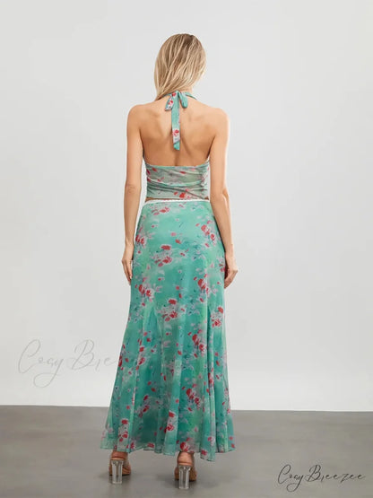 Green Floral Sleeveless Tie-up Halter Dress floraldress-250126