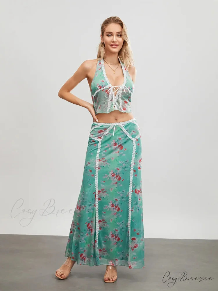 Green Floral Sleeveless Tie-up Halter Dress floraldress-250126