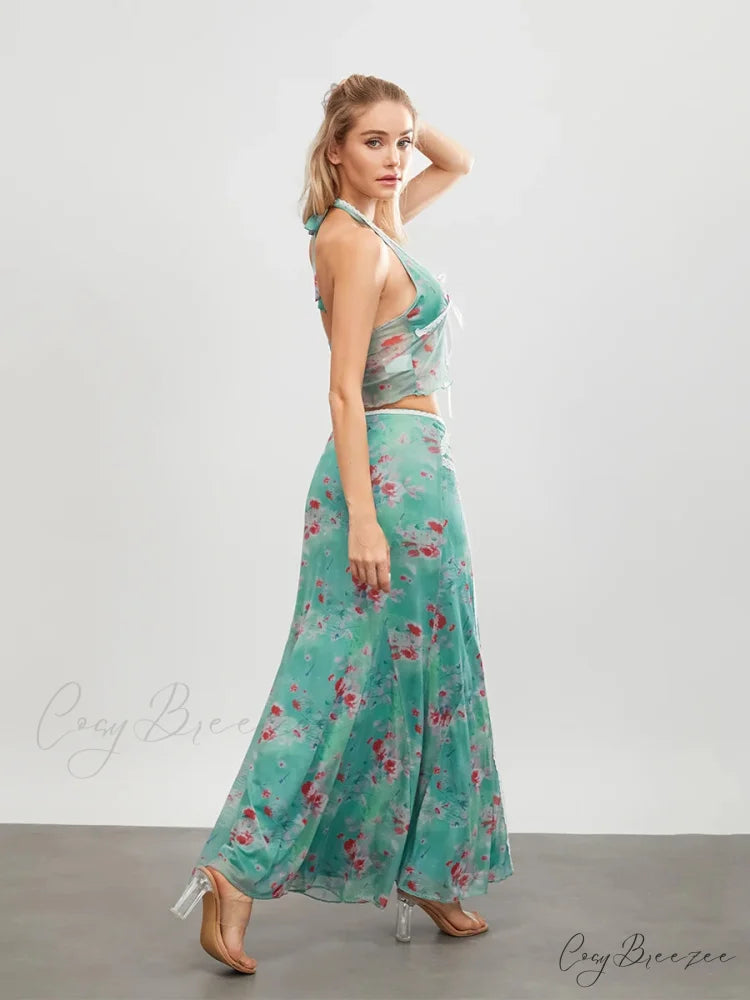 Green Floral Sleeveless Tie-up Halter Dress floraldress-250126