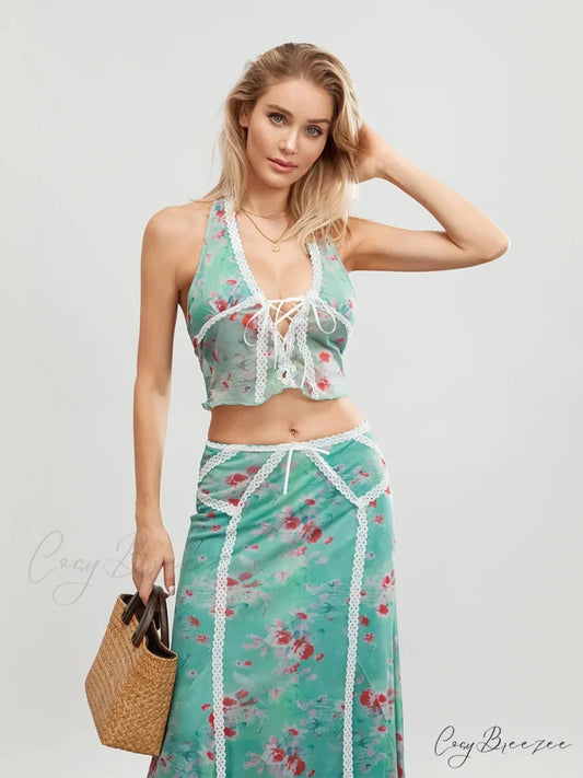 Green Floral Sleeveless Tie-up Halter Dress floraldress-250126