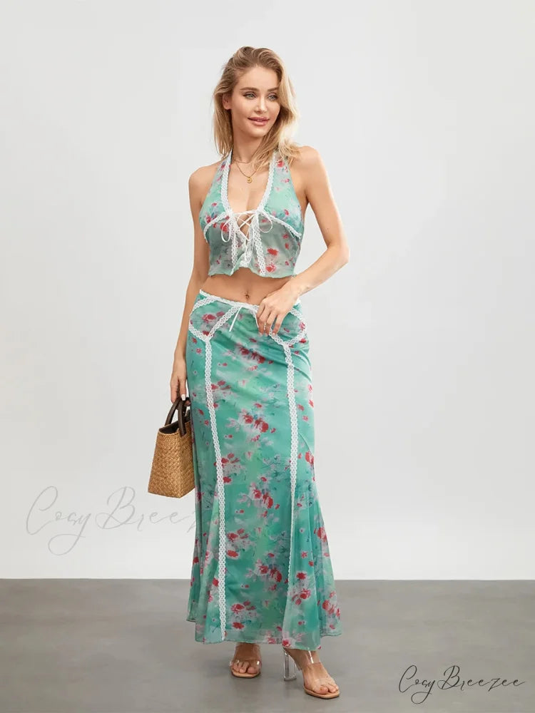 Green Floral Sleeveless Tie-up Halter Dress Green / S floraldress-250126