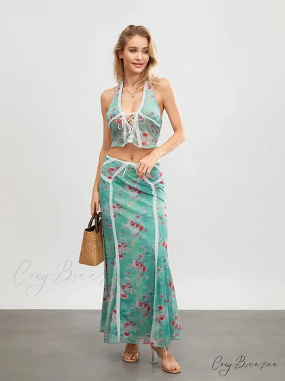 Green Floral Sleeveless Tie-up Halter Dress Green / S floraldress-250126