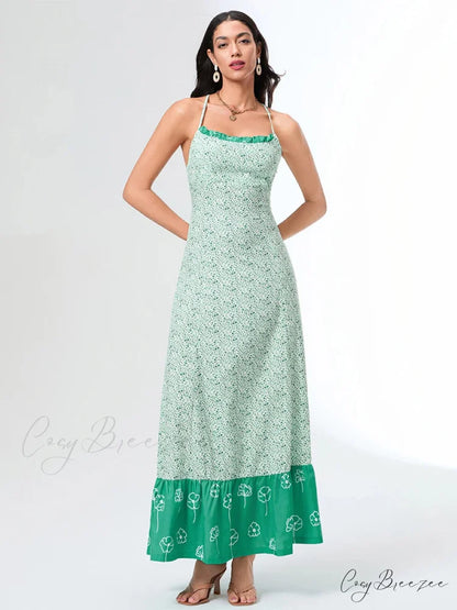 Green Floral Tie-up Back Cross Flowy Dress floraldress-250126