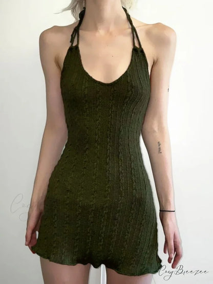 Green Hooded Long Trendy Sleeve Knitted Mini Dress