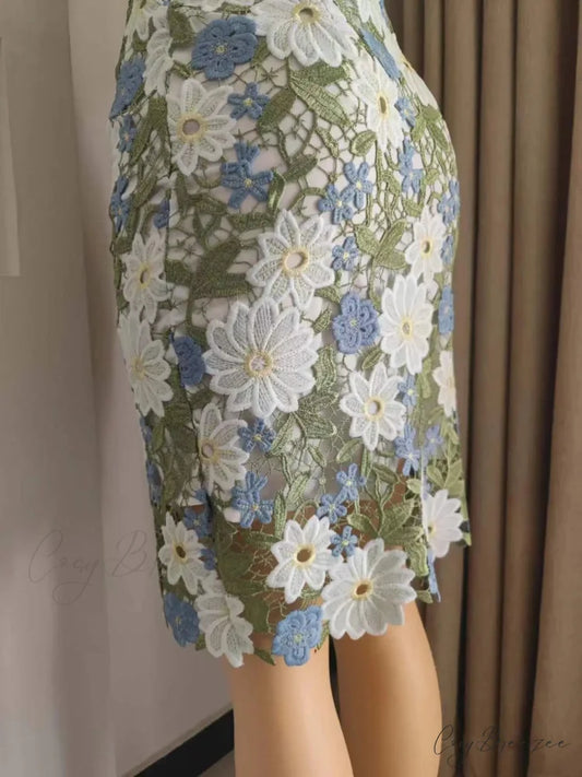 Green Lace Pencil Skirt Knee Length Bi-material Skirt Green / S skirt-250126