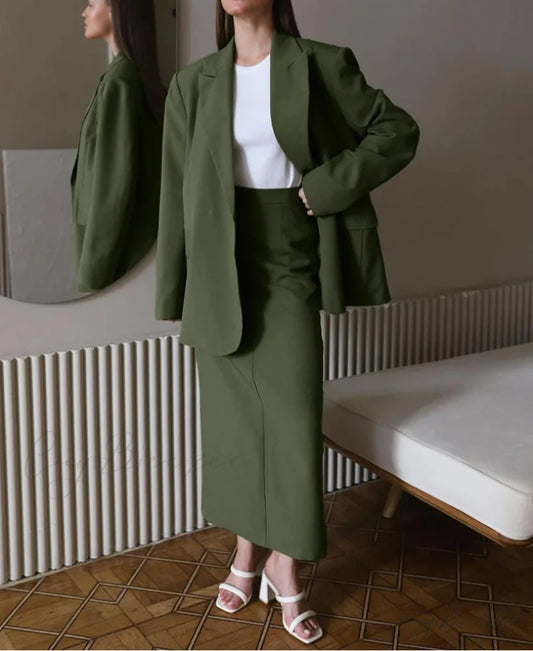 Green Long Sleeve Blazer Skirt Office Set Green / S officetwopieceset-250223