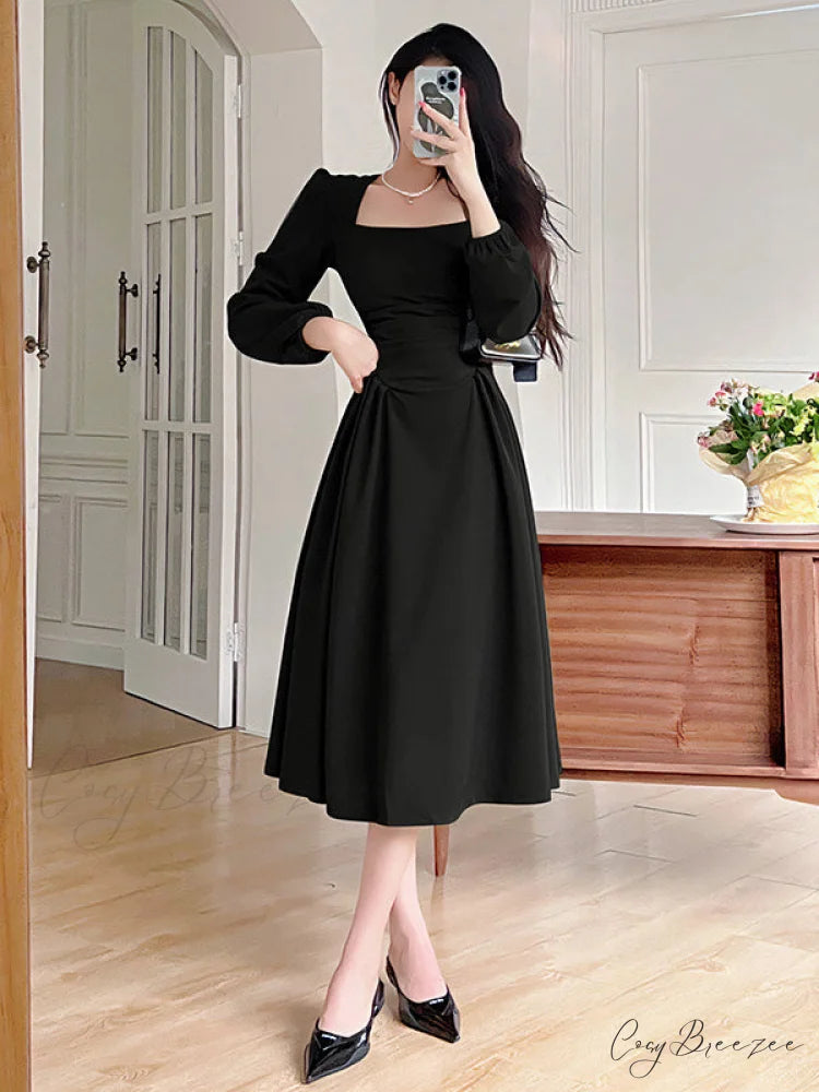 Green Midi Hem Dress with Puff Sleeves M / Green