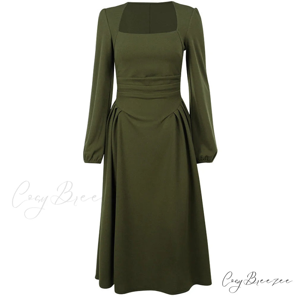 Green Midi Hem Dress with Puff Sleeves S / Green