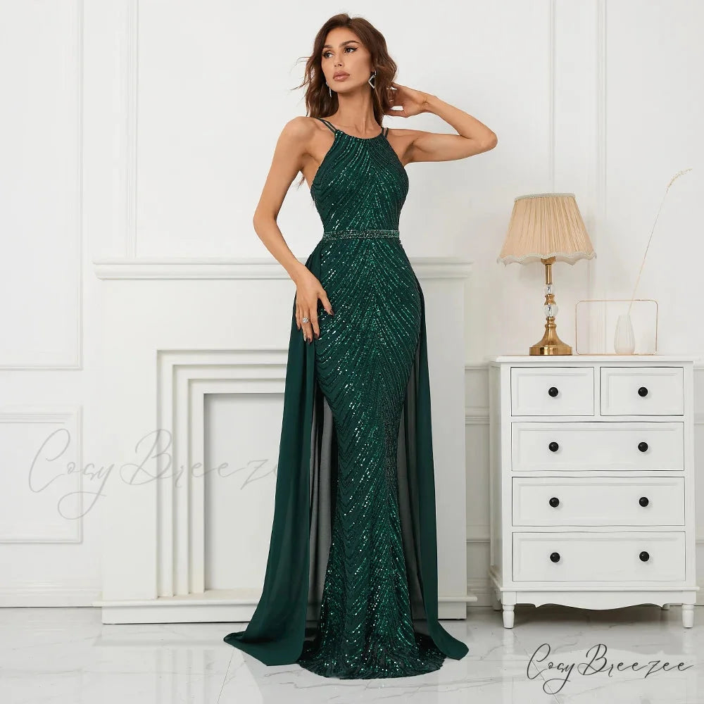 Green Off Shoulder Tassel Sequin Evening Dress Sexy Cross Back Christmas Party Dress