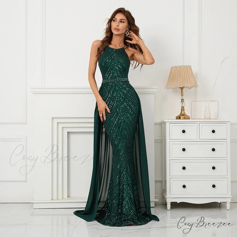 Green Off Shoulder Tassel Sequin Evening Dress Sexy Cross Back Christmas Party Dress Green / 2