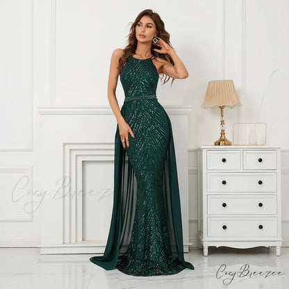 Green Off Shoulder Tassel Sequin Evening Dress Sexy Cross Back Christmas Party Dress Green / 2