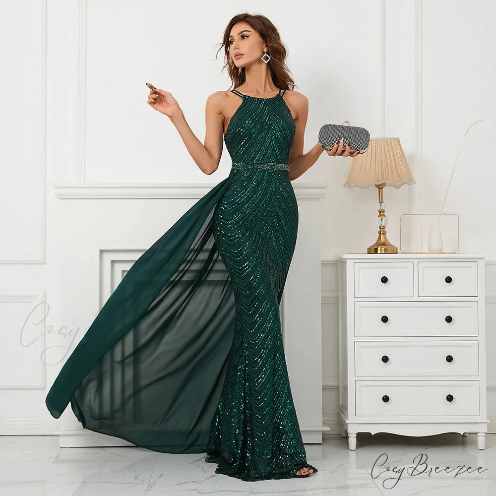 Green Off Shoulder Tassel Sequin Evening Dress Sexy Cross Back Christmas Party Dress