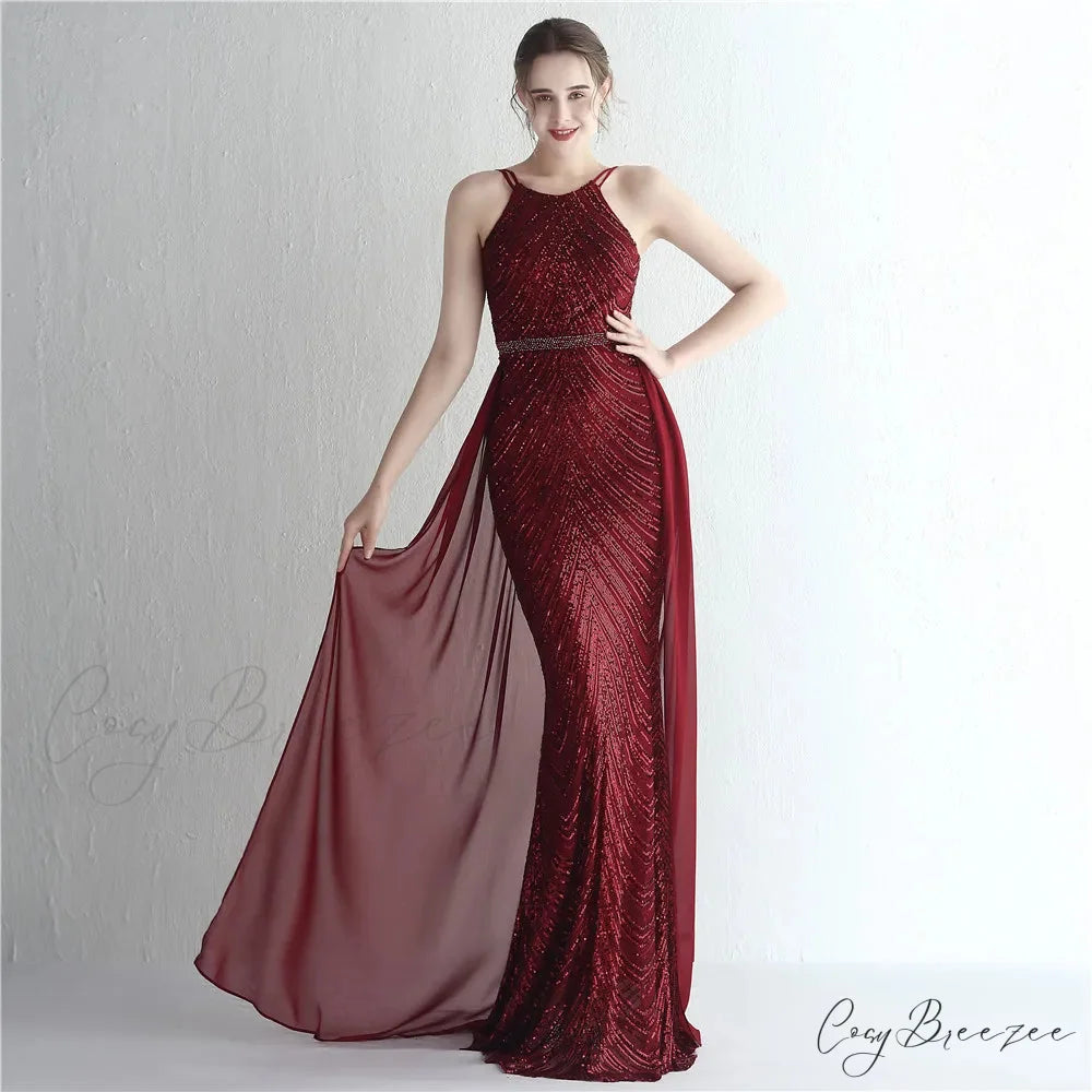 Green Off Shoulder Tassel Sequin Evening Dress Sexy Cross Back Christmas Party Dress Claret / 2