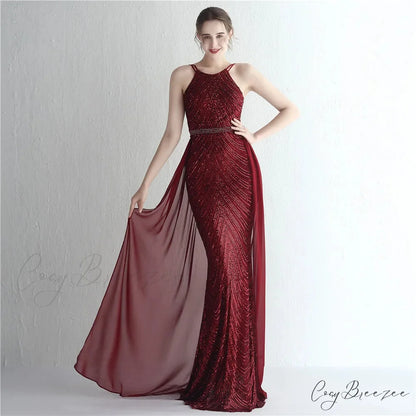 Green Off Shoulder Tassel Sequin Evening Dress Sexy Cross Back Christmas Party Dress Claret / 2