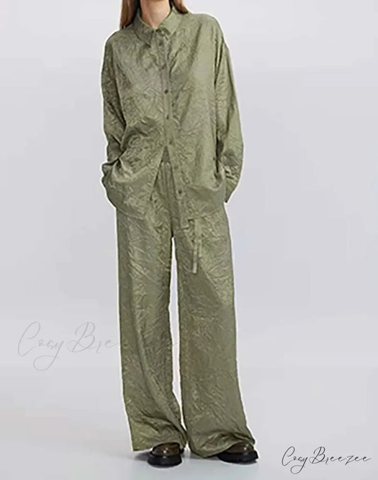 Green Pleated Drawstring Trousers Office Set Green / S officetwopieceset-250223