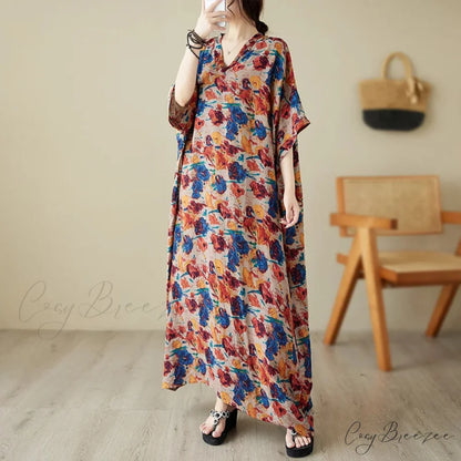 Green Red Cotton Linen Print Batwing Sleeve Retro Boho Dress Red / One Size